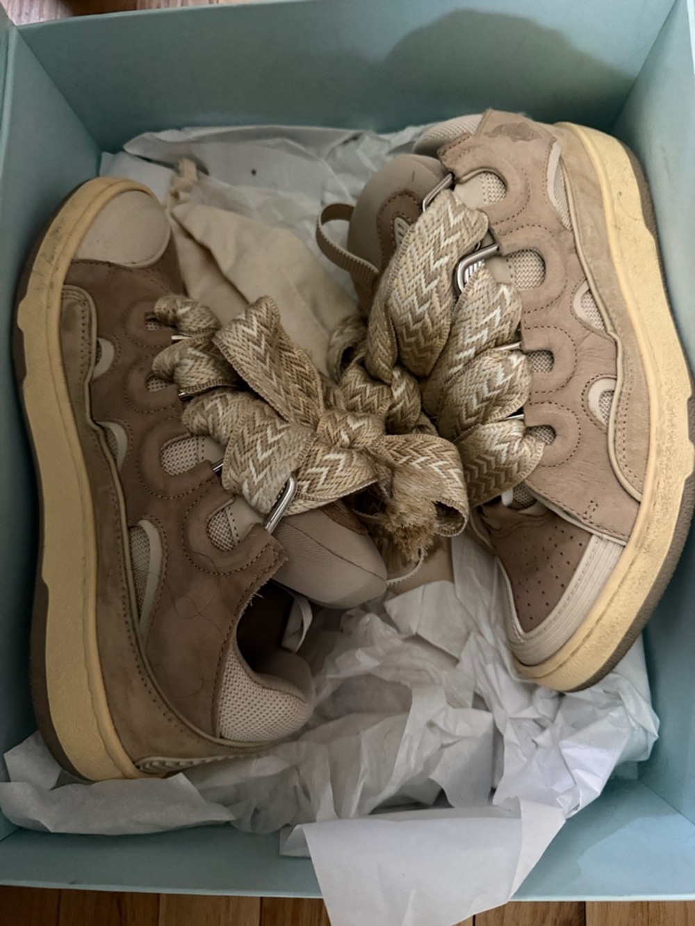 Lanvin Women Beige High-Top Curb Sneakers with Wide Zigzag Laces